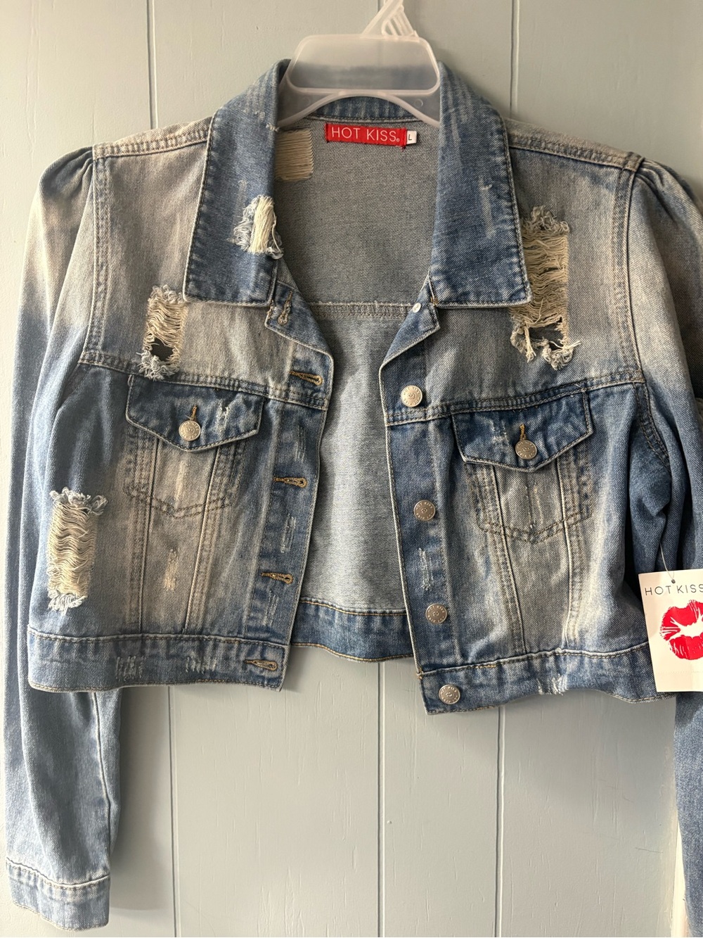 Hot Kiss Distressed Light Blue Cropped Denim Jacket